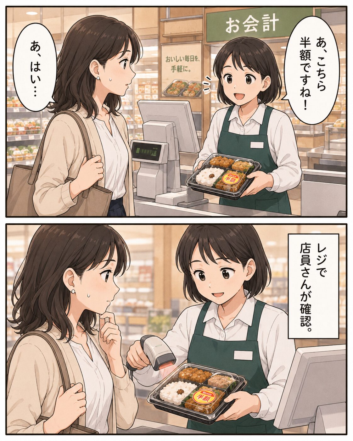 レジで店員さんに半額ですねと確認される女性の漫画