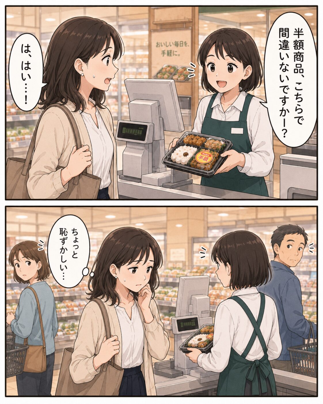 半額商品で間違いないか大きな声で確認され少し恥ずかしくなる女性の漫画