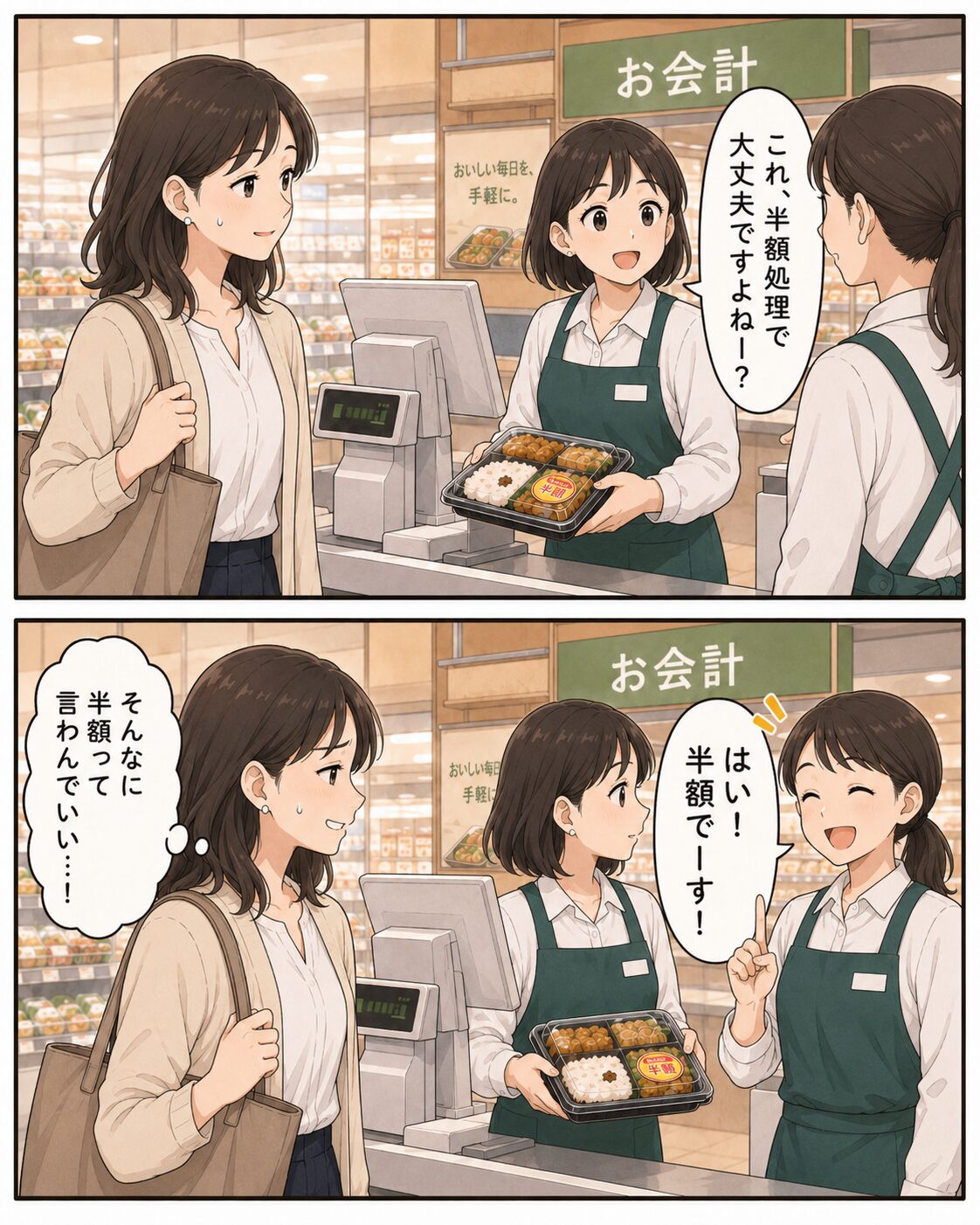 店員さん同士で半額処理を確認されさらに恥ずかしくなる女性の漫画