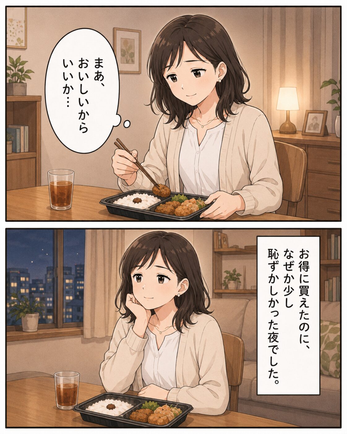家で半額弁当を食べながら少し恥ずかしかった夜を振り返る女性の漫画