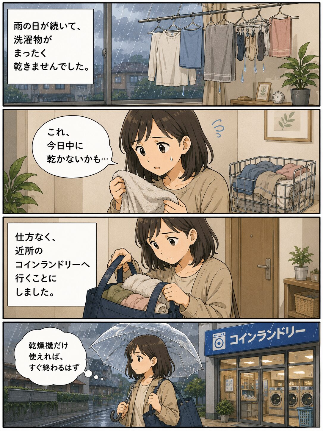 雨の日に洗濯物が乾かずコインランドリーへ向かう女性の漫画