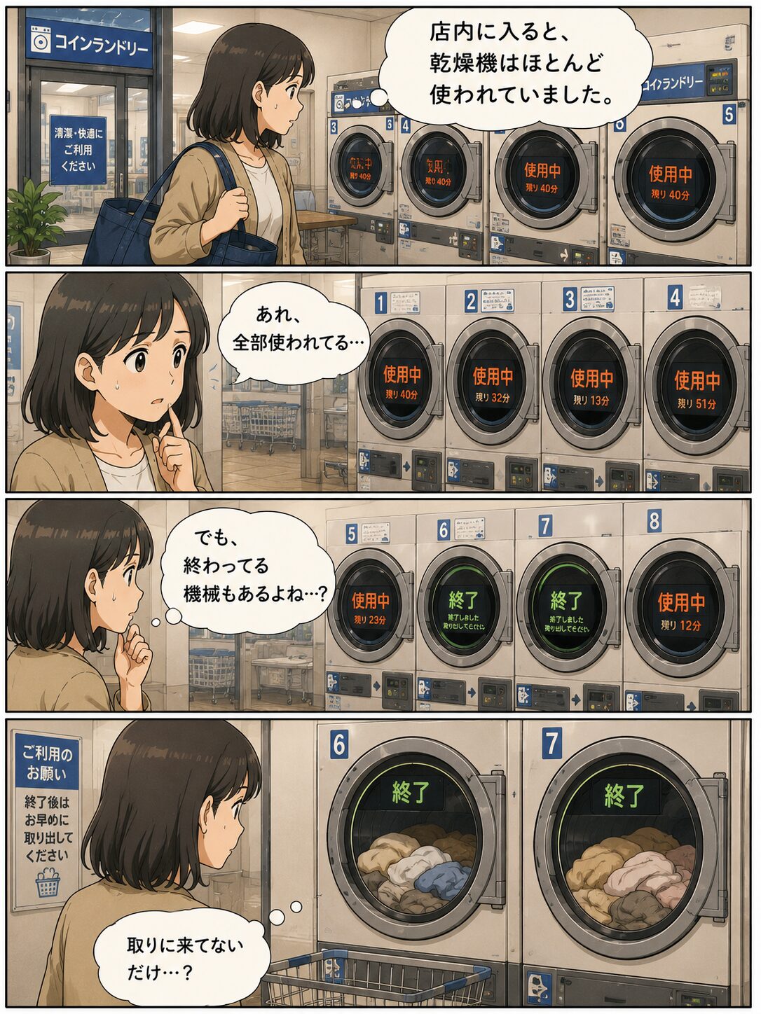 コインランドリーの乾燥機が終了しているのに洗濯物が放置されている漫画