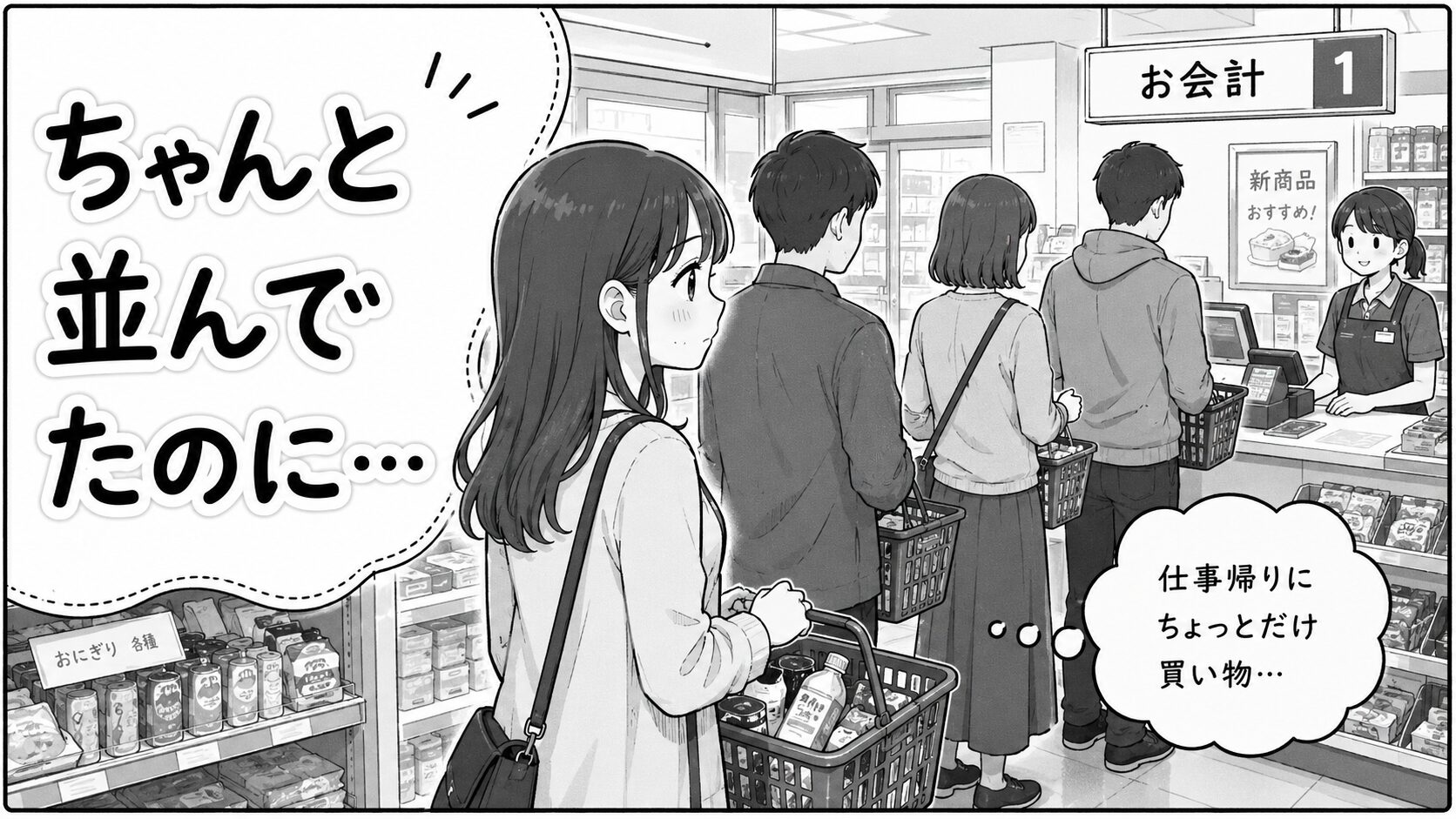 コンビニのレジ列に主人公がちゃんと並んでいる場面