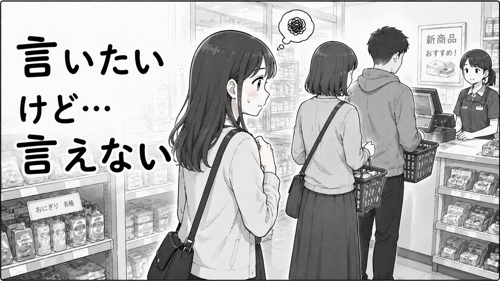 主人公が横入りにモヤモヤしつつも言えず、周りも何も言わない場面