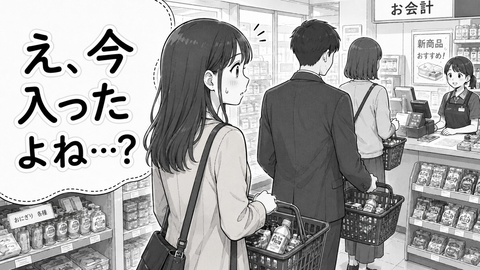 後から来た人がコンビニのレジ列で主人公の前にすっと入る場面