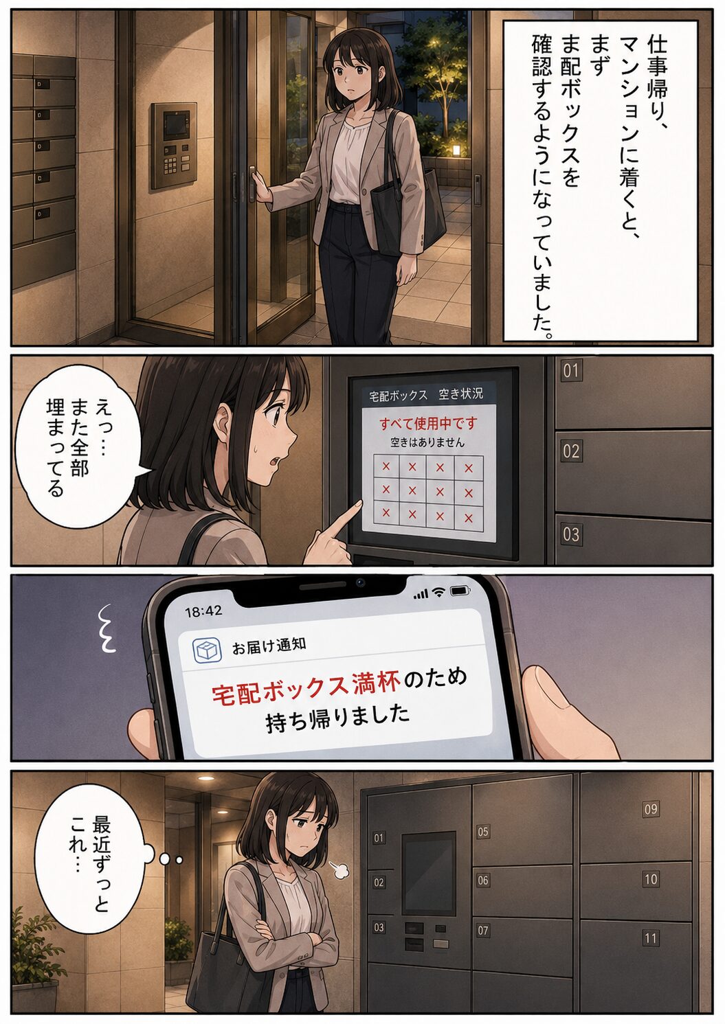 仕事帰りにマンションの宅配ボックスを確認する女性の漫画