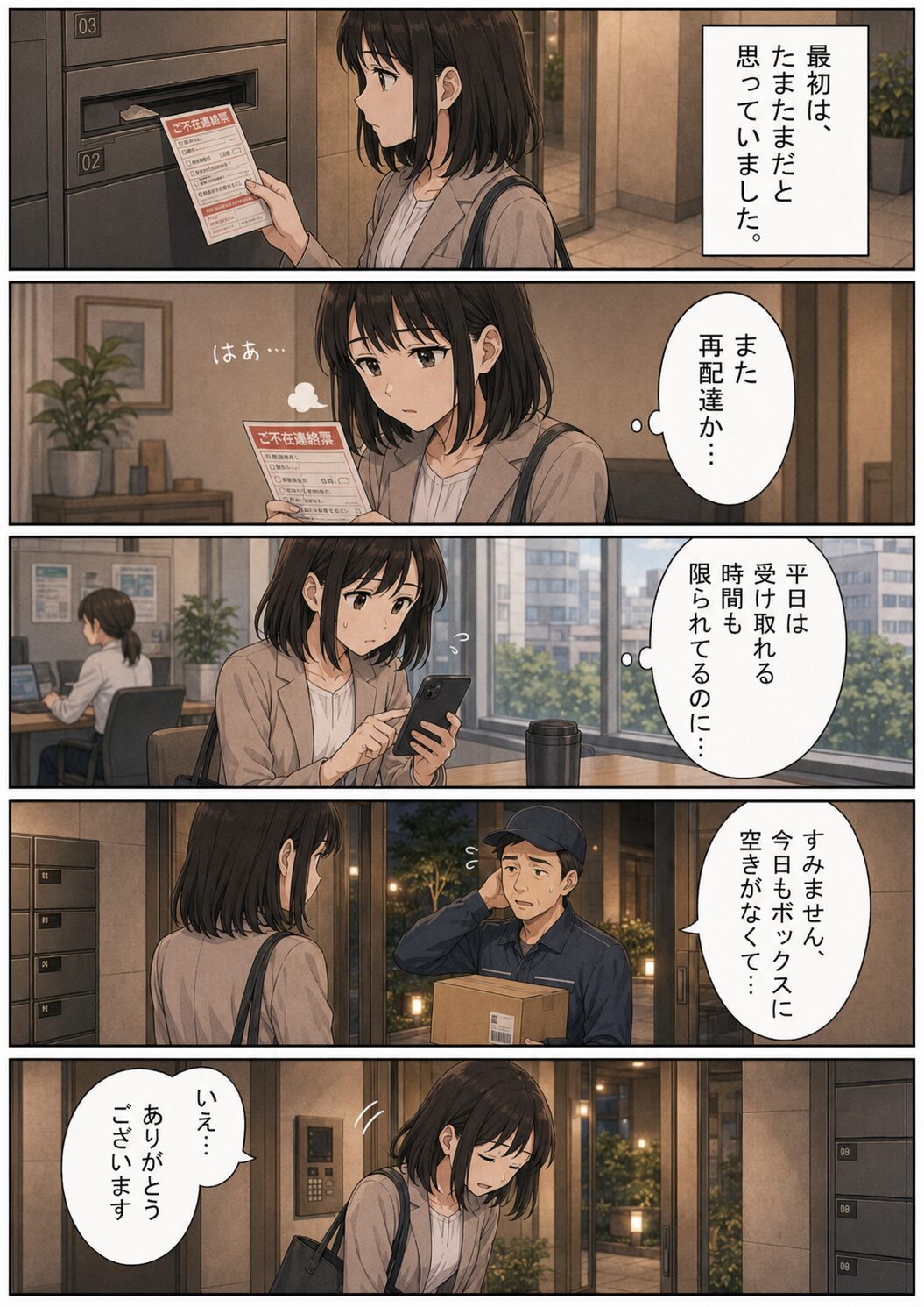 宅配ボックスが満杯で何度も再配達になる女性の漫画