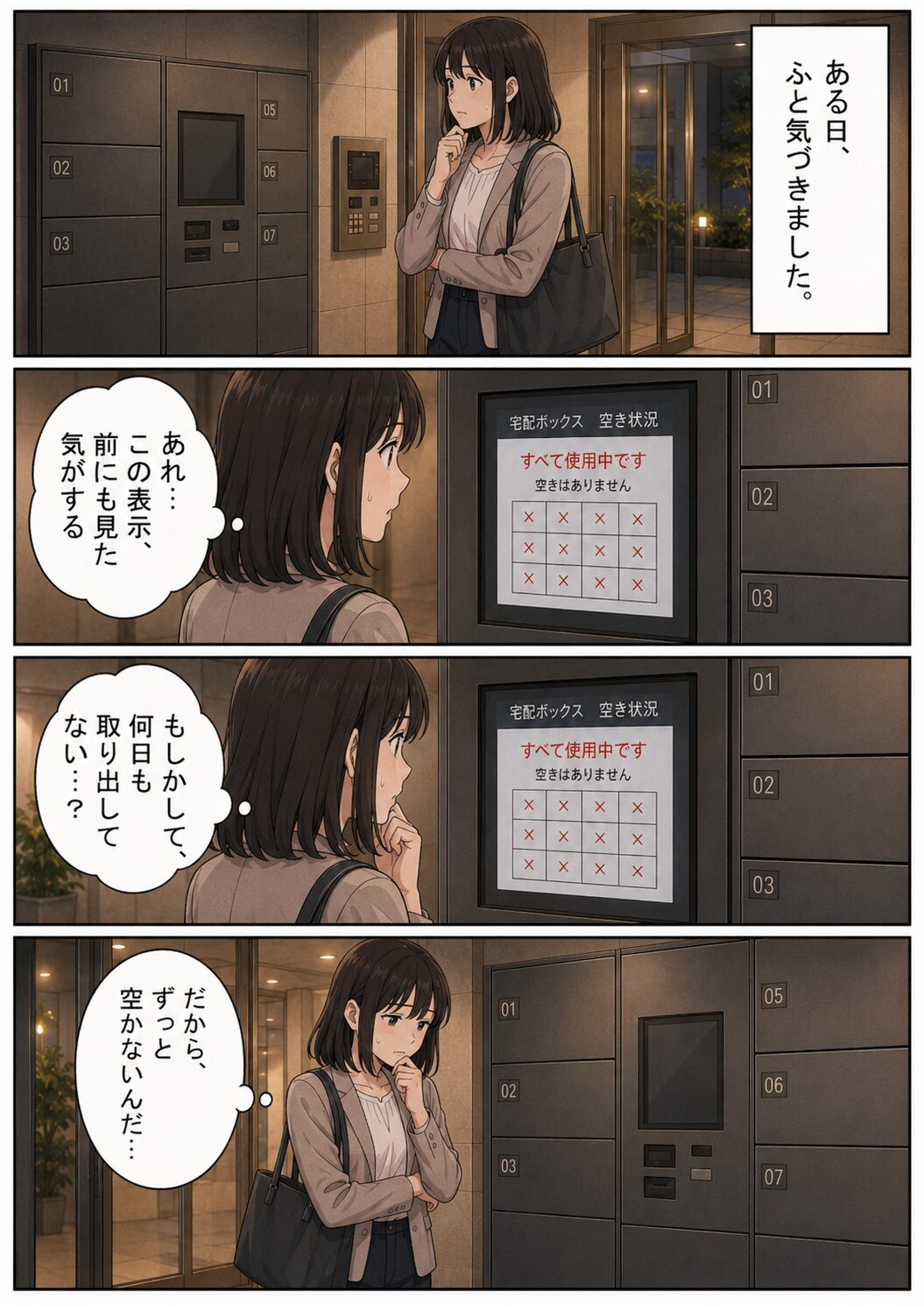 同じ宅配ボックスがずっと使われていることに気づく女性の漫画