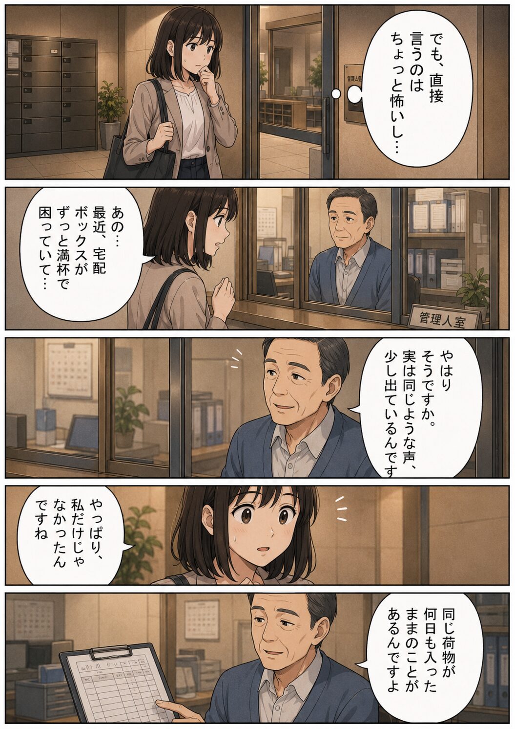 宅配ボックスの満杯について管理人さんに相談する女性の漫画