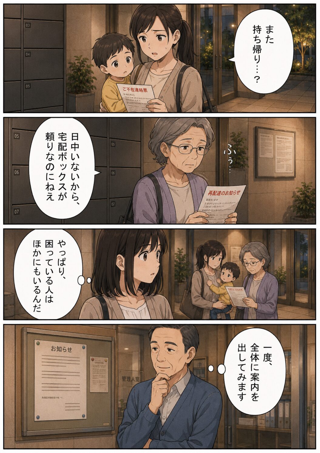 宅配ボックスが使えず他の住人も困っている様子の漫画