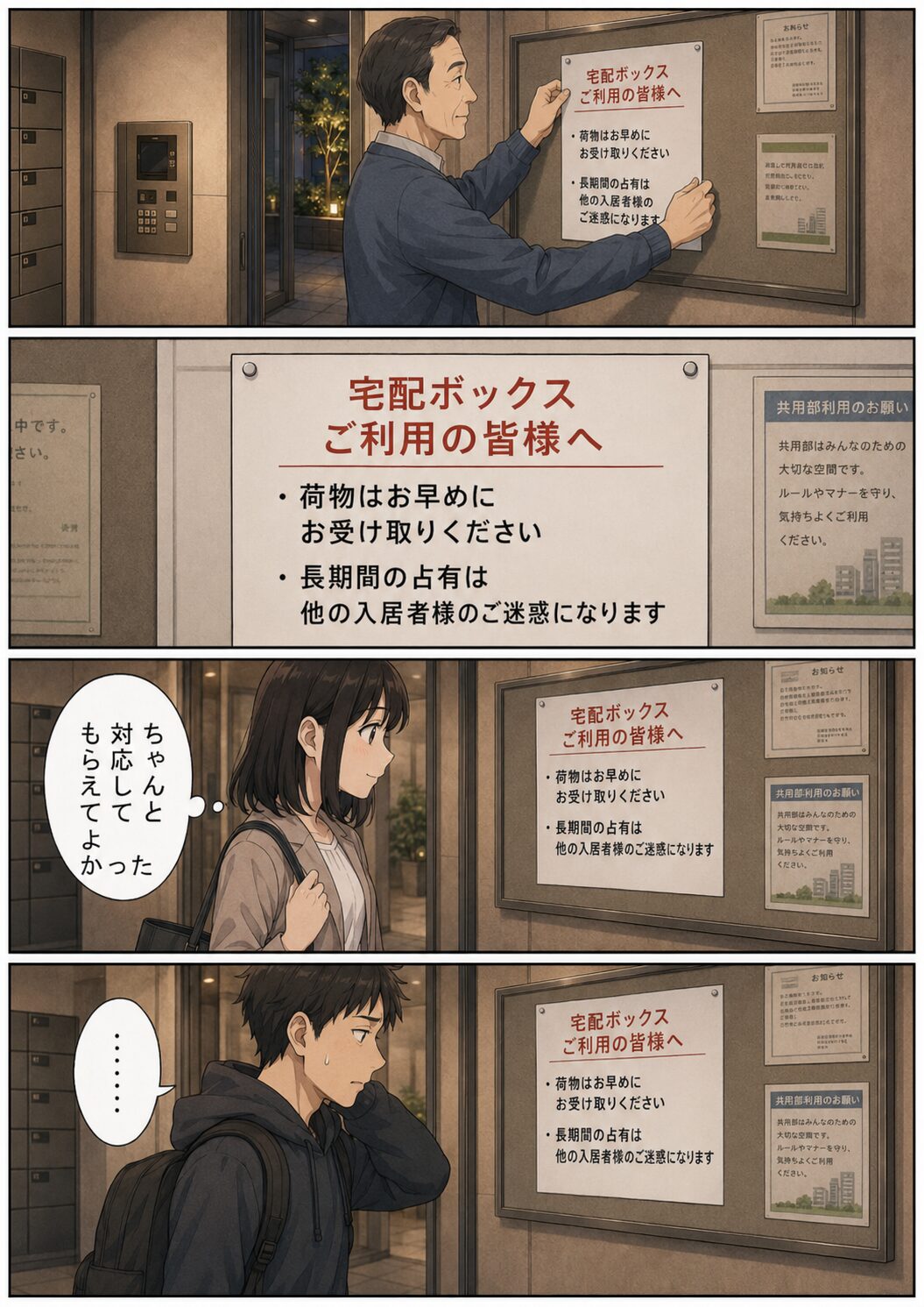 宅配ボックスの荷物は早めに受け取るよう掲示される漫画