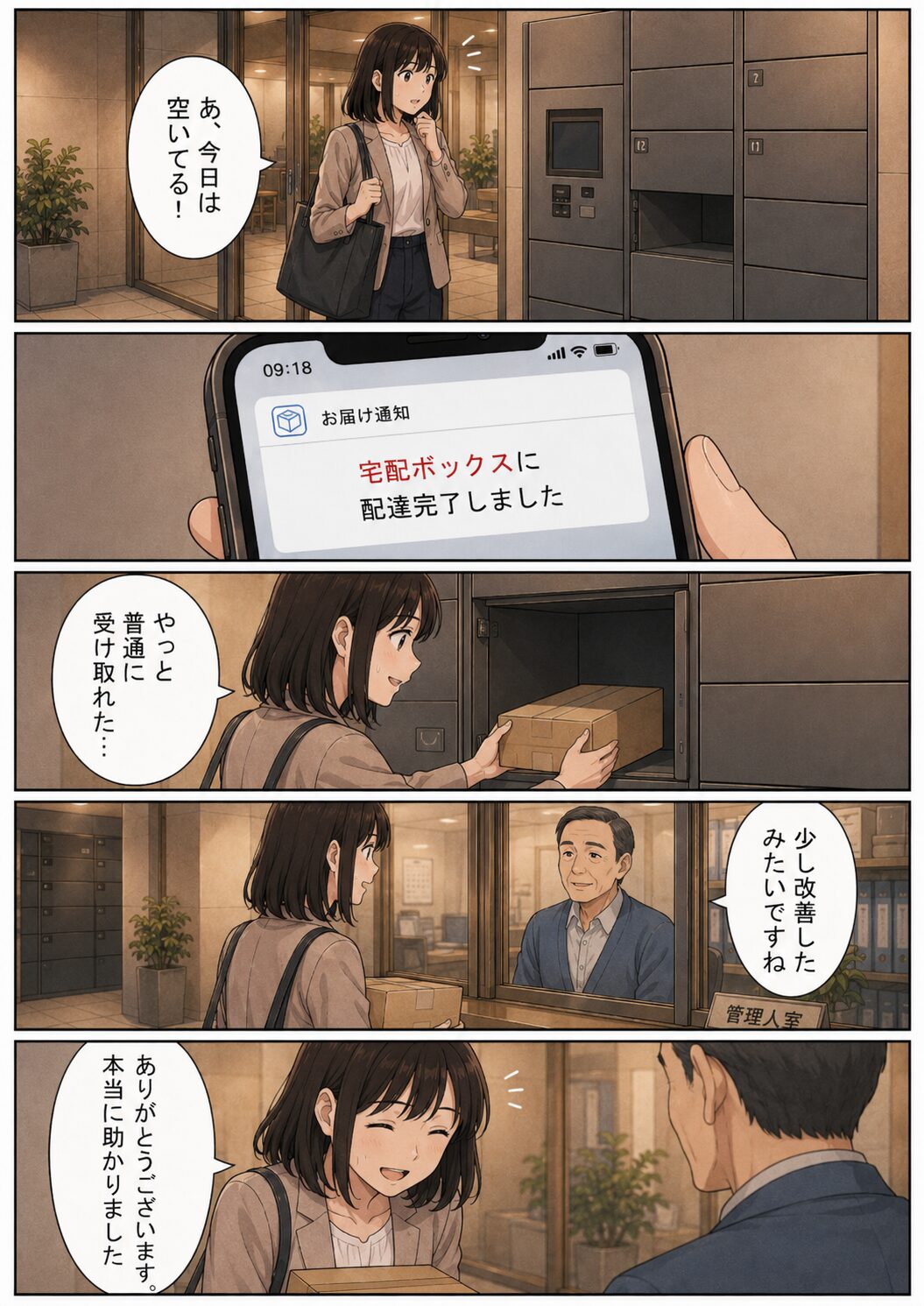 宅配ボックスが少し改善して荷物を受け取れるようになる漫画