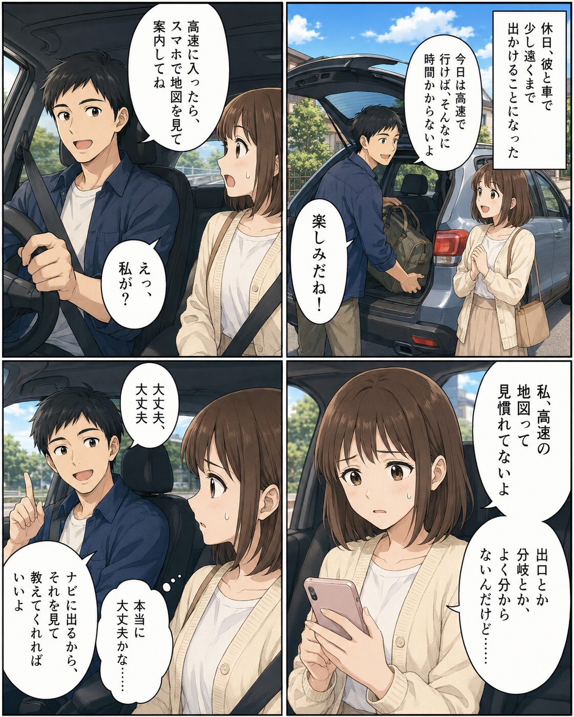 休日のドライブで高速道路の案内を頼まれた女性