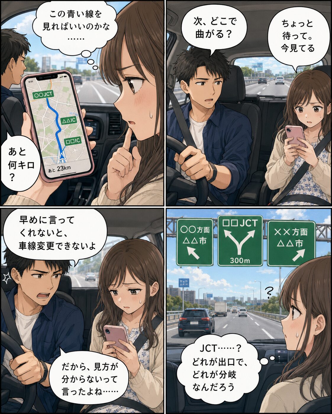 高速道路の地図を見ながら案内を求められる女性