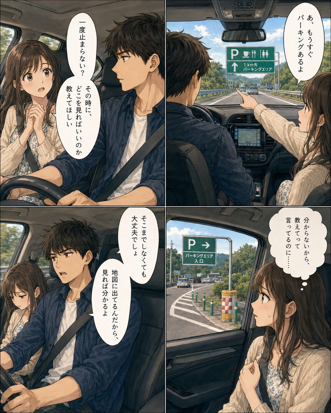 パーキングエリアで止まって確認しようと提案する女性