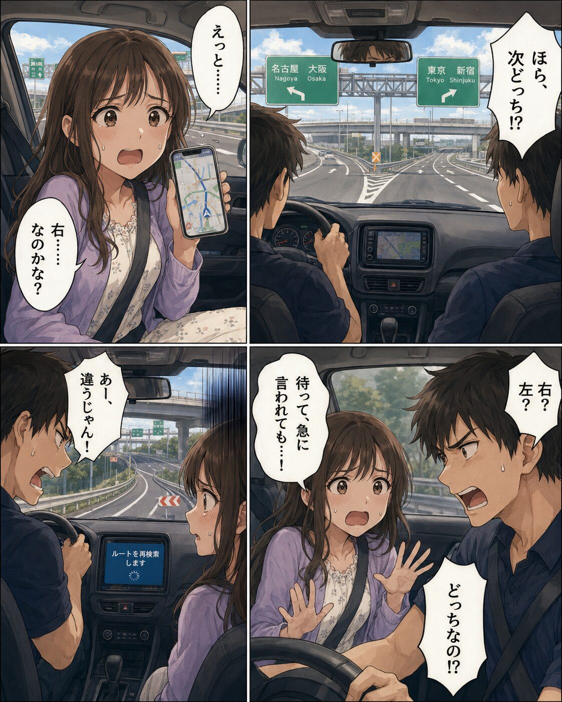高速道路の分岐で進む方向が分からず混乱する二人