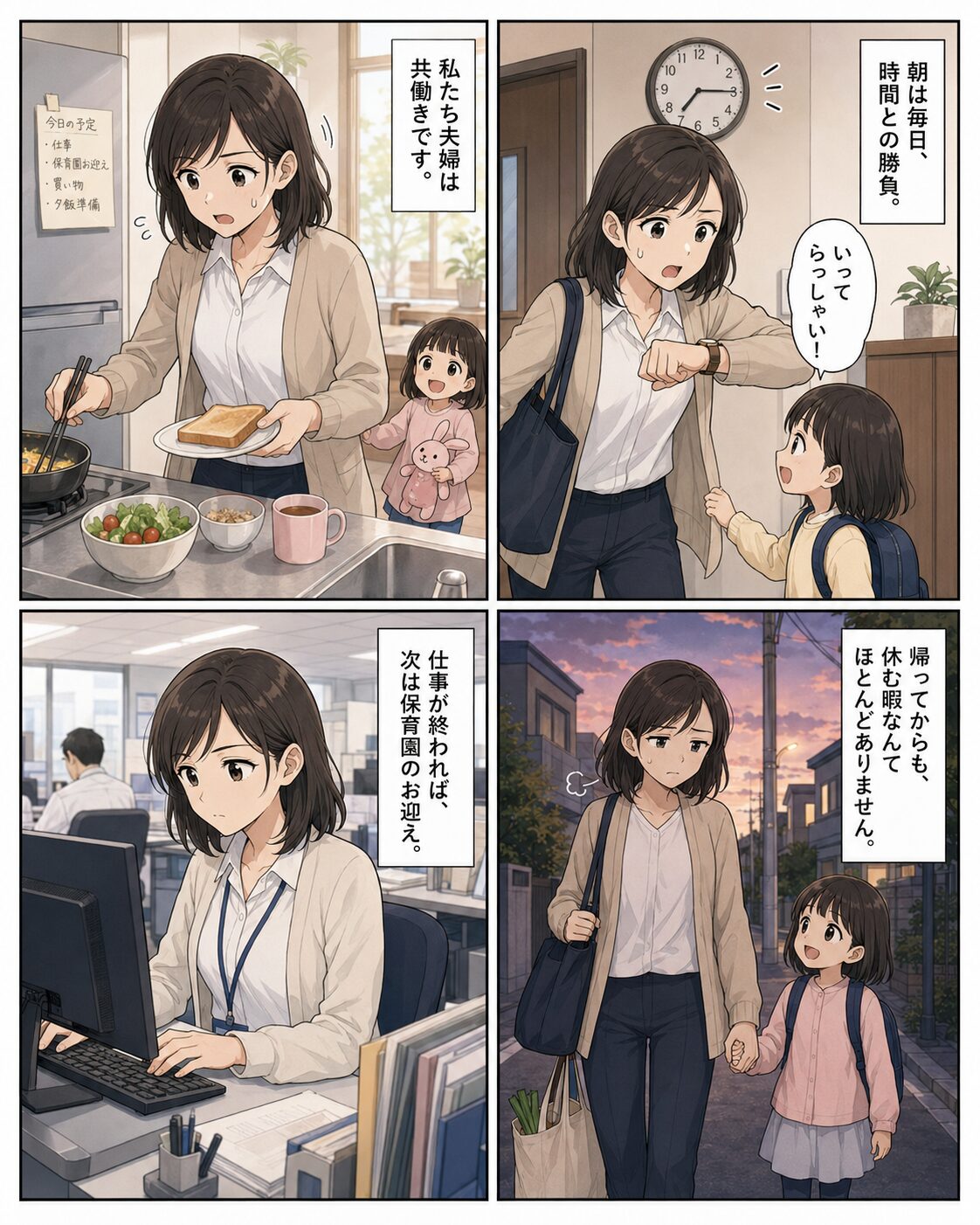 共働きで朝から忙しく過ごす母親の漫画