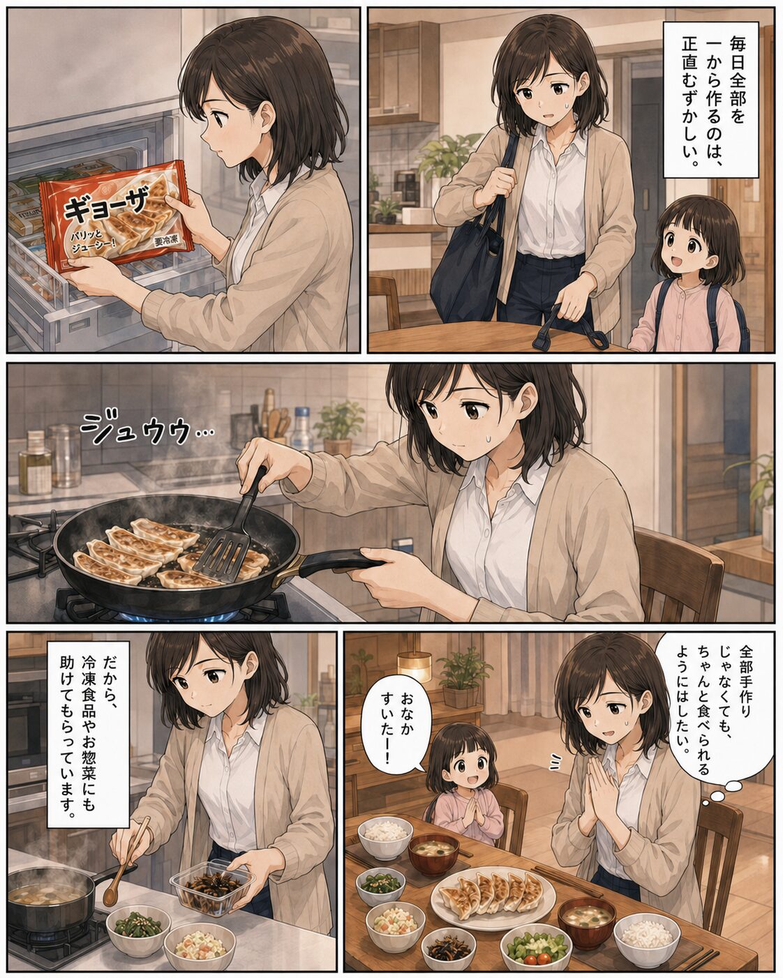 冷凍食品やお惣菜を使いながら夕飯を用意する母親の漫画
