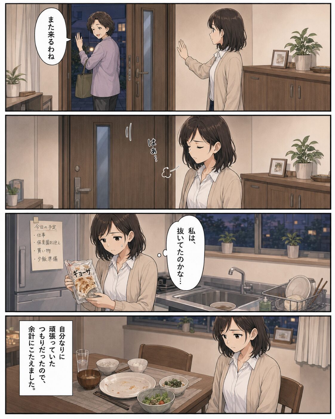 義母が帰ったあと自分は手抜きだったのかと落ち込む母親の漫画