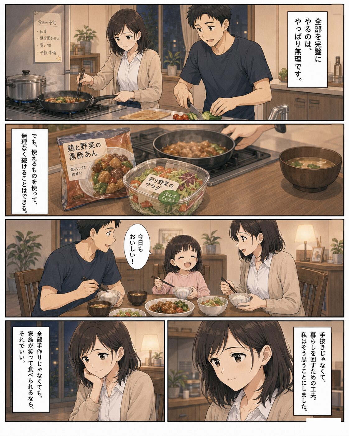 夫婦で協力しながら無理なく夕飯を用意する家族の漫画