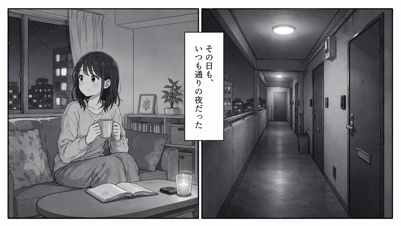夜、一人暮らしの部屋で過ごしている主人公と静かな共用廊下の場面