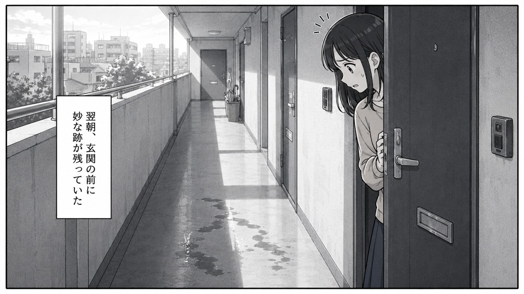 廊下から足音が近づいてきて主人公が気づく場面