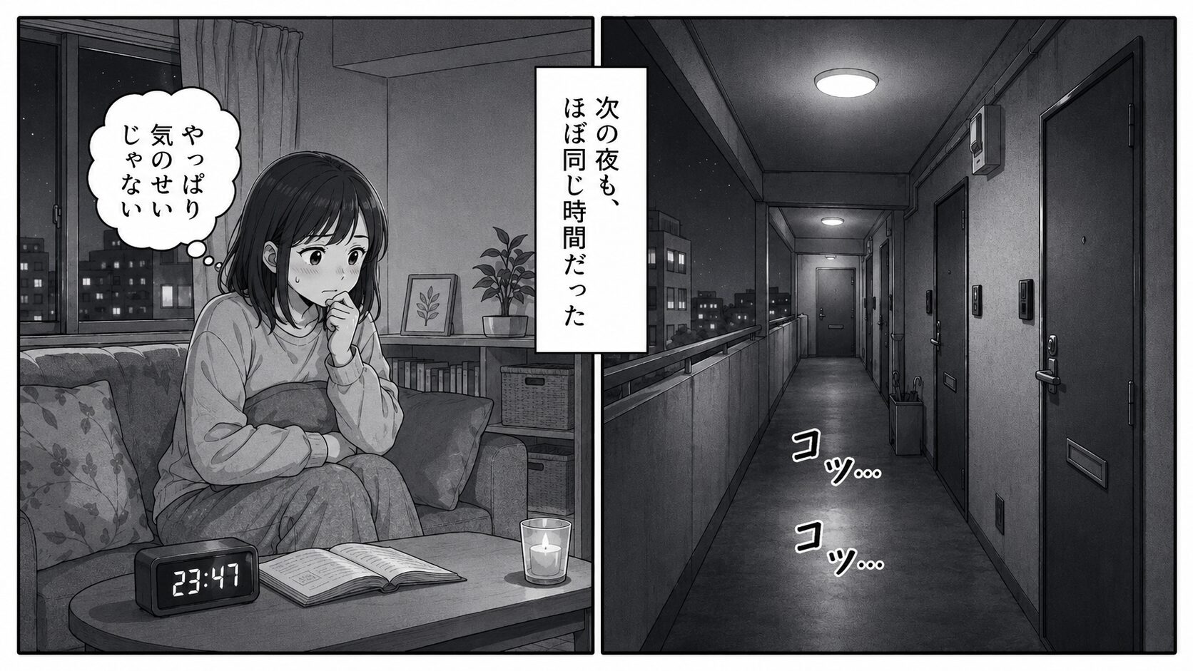 次の夜も同じ時間にまた足音が近づいてくる場面