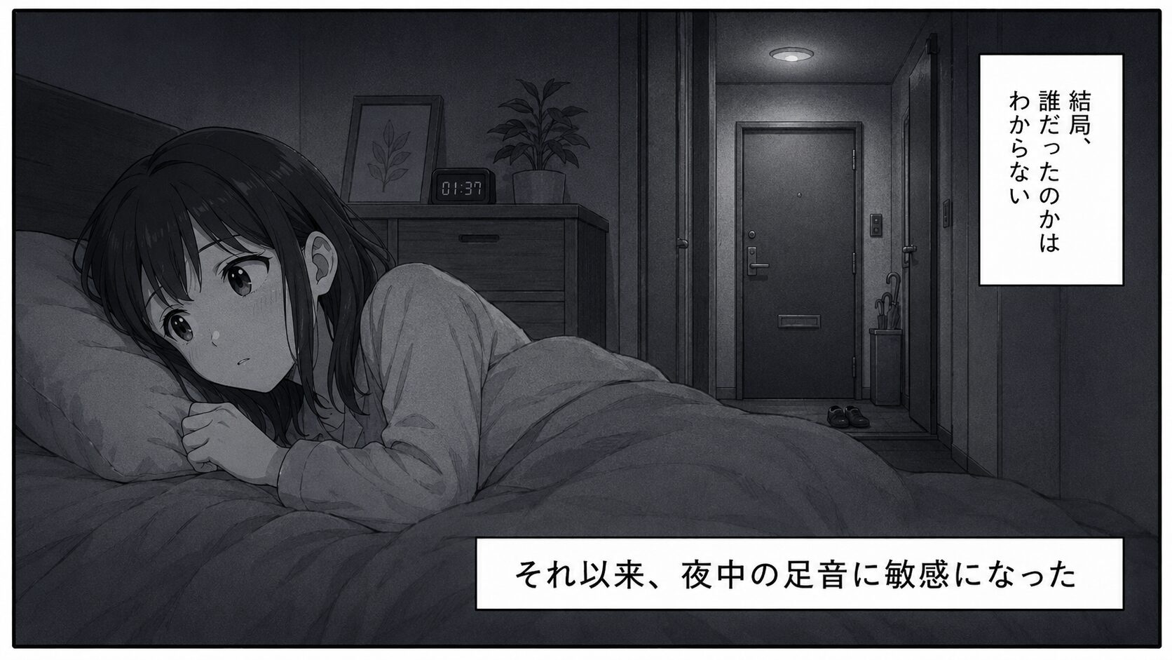 布団の中で目を開けたまま足音に怯える主人公の場面