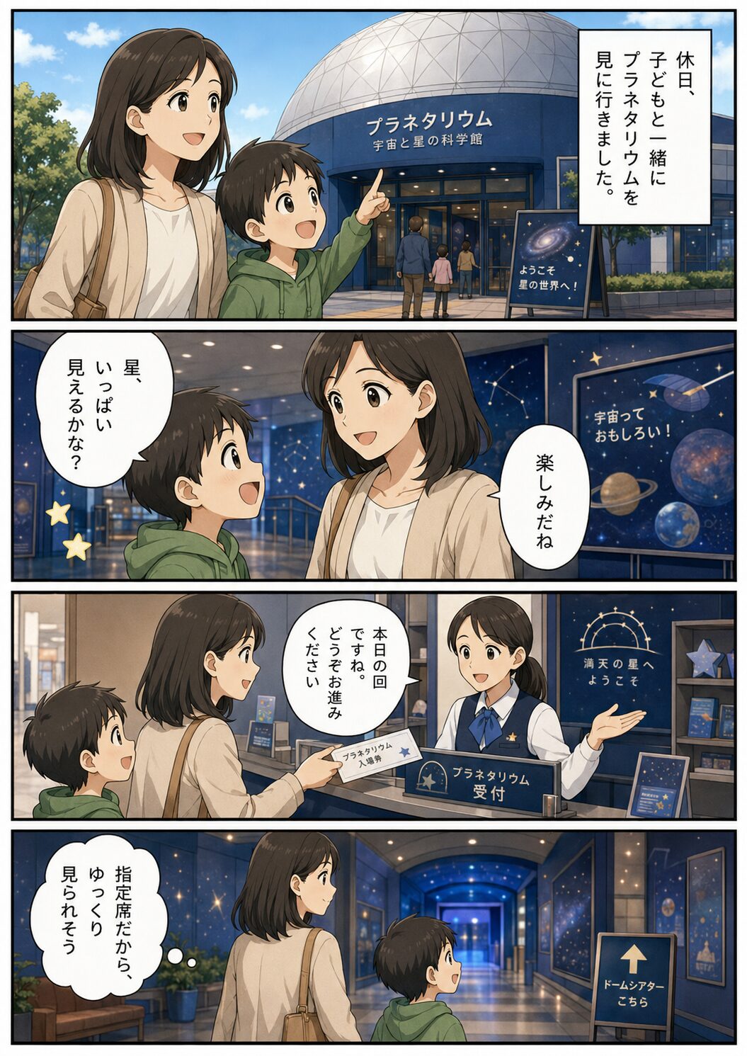 子どもと一緒にプラネタリウムを訪れた母親の漫画