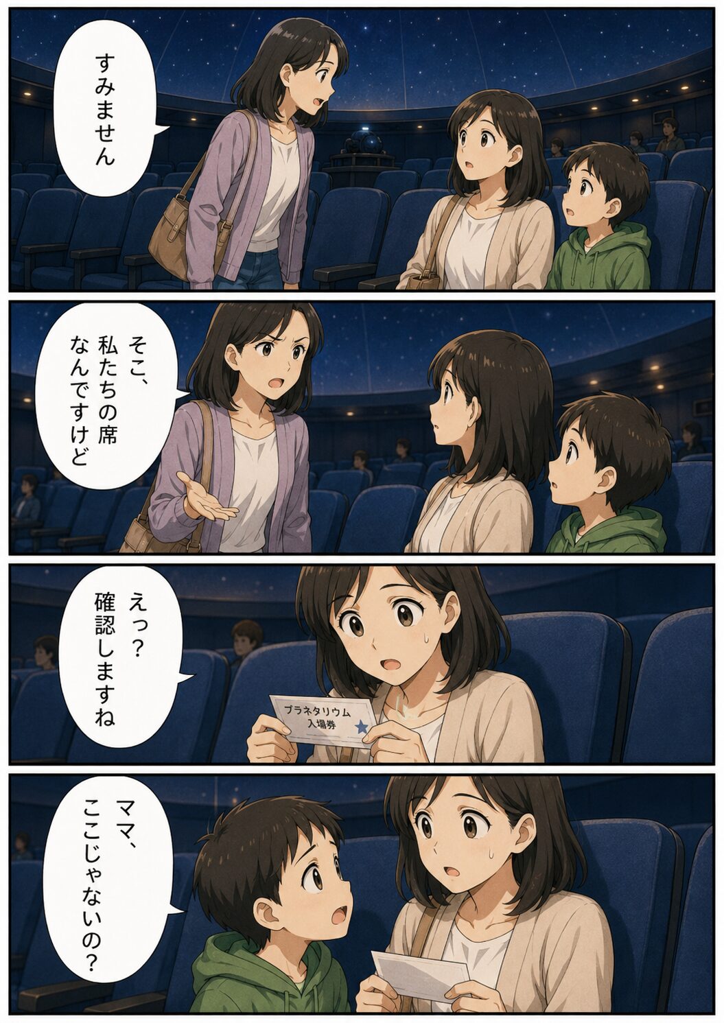 プラネタリウムで女性からその席は自分たちの席だと言われる親子の漫画
