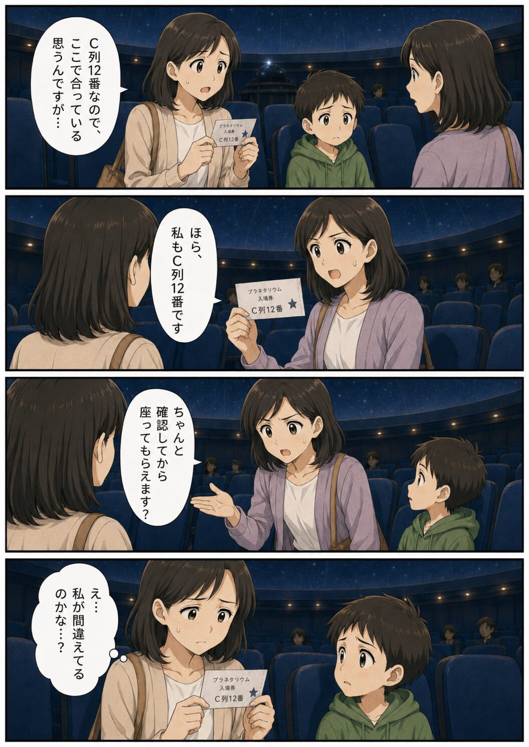 双方のチケットに同じ座席番号が書かれていて困惑する女性たちの漫画