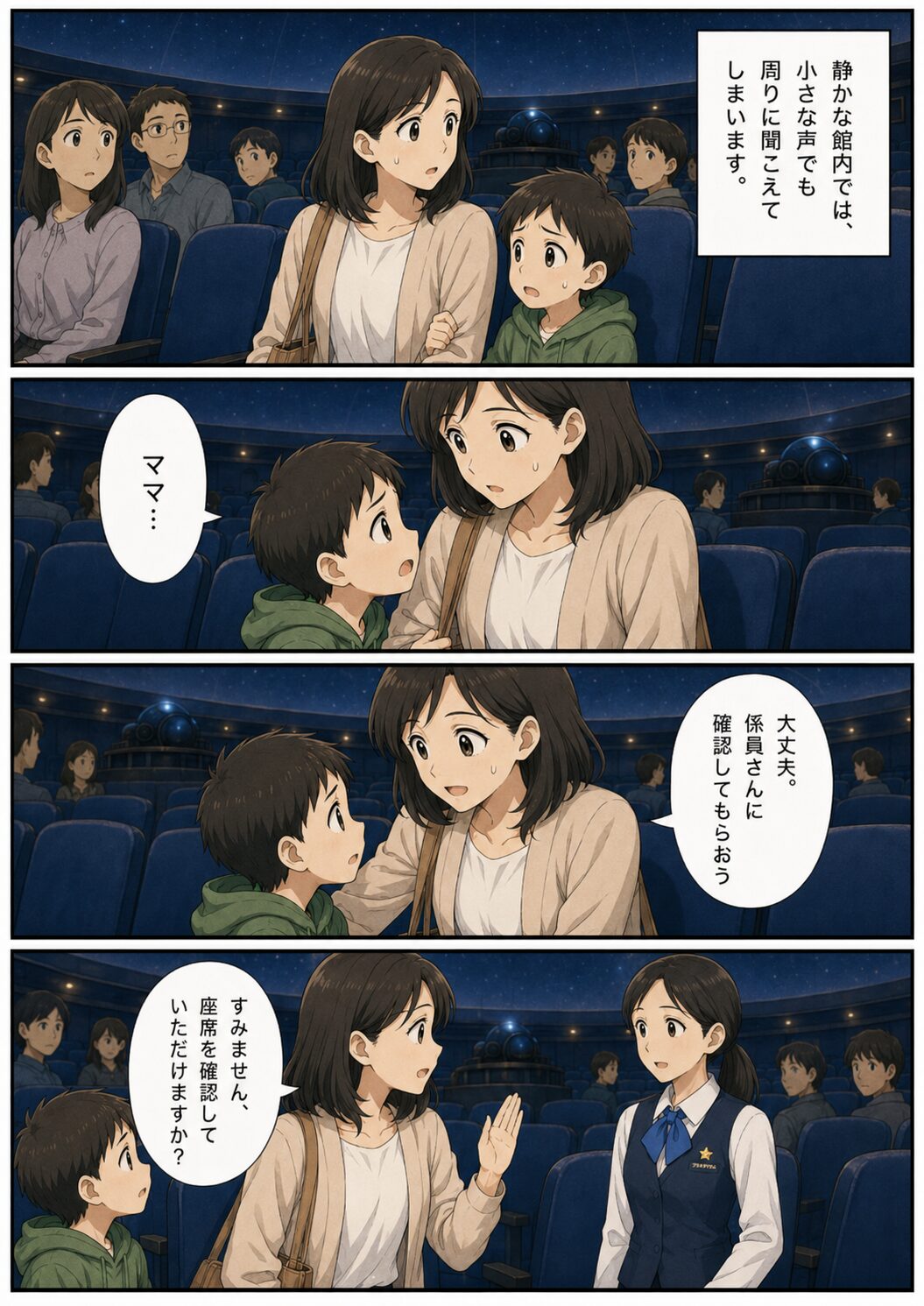 静かな館内で子どもが不安になり係員へ確認を頼む母親の漫画