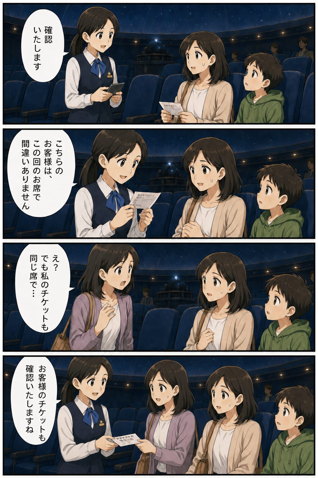 プラネタリウムの係員が親子のチケットを確認する漫画