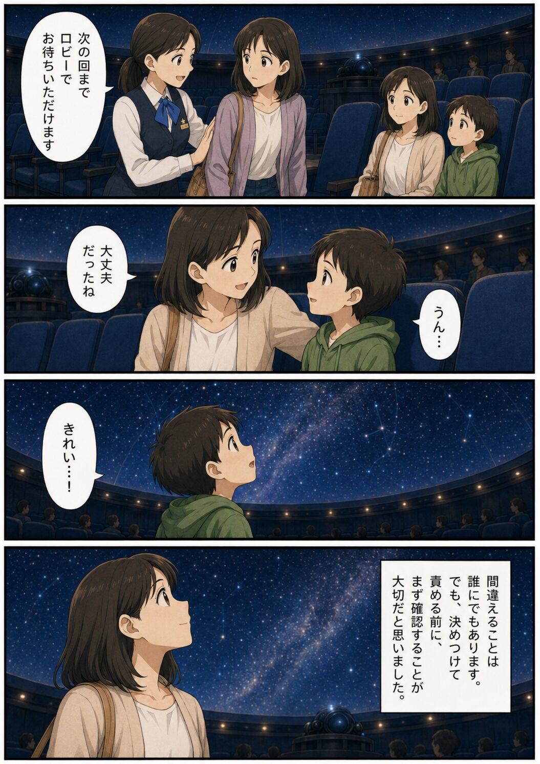 トラブルが解決して親子でプラネタリウムの星空を楽しむ漫画